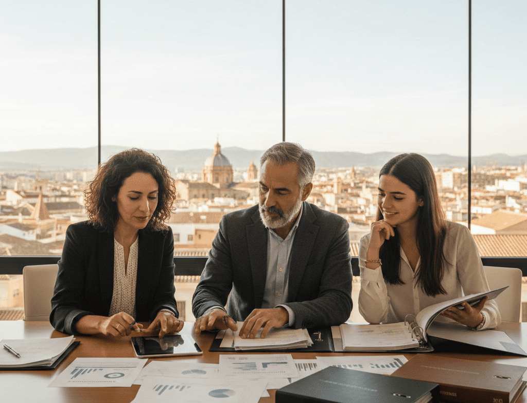 Familia profesional revisando documentos financieros en oficina moderna con vista panorámica, ambiente de confianza y planificación patrimonial