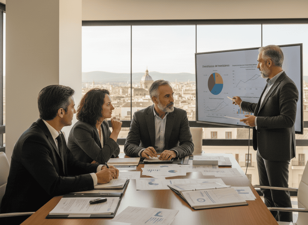 Tres generaciones de una familia empresarial reunidas alrededor de mesa de conferencias con documentos de planificación patrimonial, asesores financieros presentando estrategia de sucesión con gráficos, ambiente de confianza y colaboración
