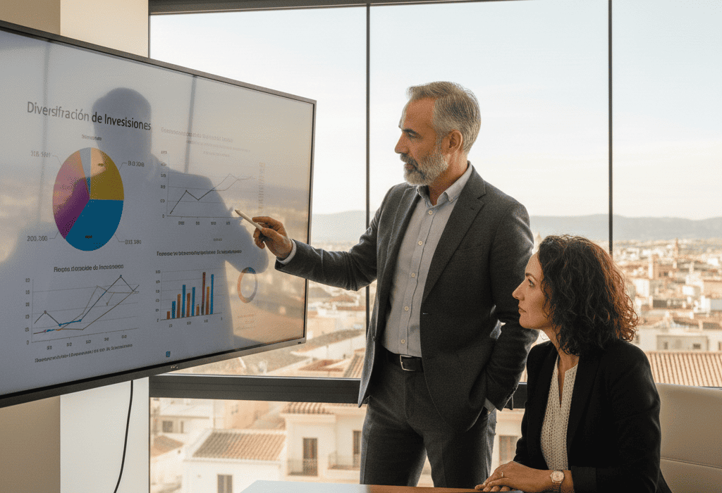 Profesional financiero mostrando a cliente familiar gráficos de diversificación de inversiones en pantalla táctil moderna, con énfasis en gestión de riesgo y protección patrimonial