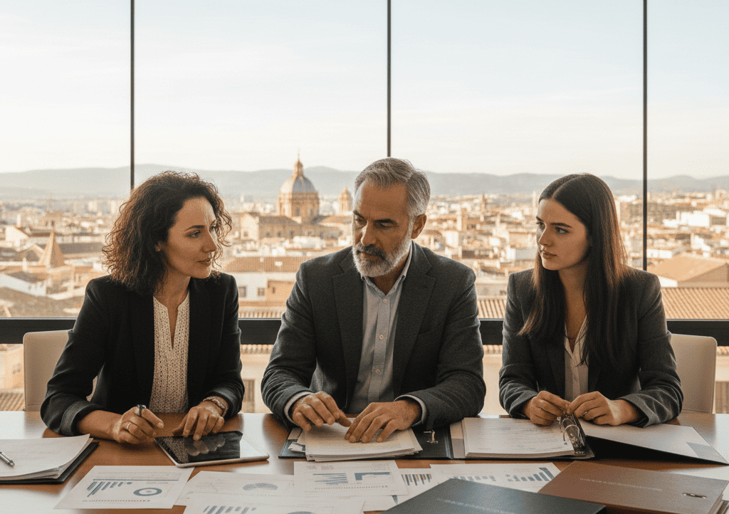 Sala de reuniones con tres generaciones de una familia empresarial discutiendo estrategias de sucesión patrimonial con documentos y gráficos sobre mesa de madera elegante